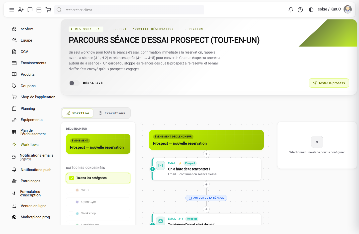 Le parcours séance d'essai dans l'éditeur de workflow Wodz
